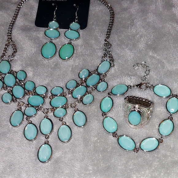Jewelry - Opalescent Aqua Necklace, Earrings, Bracelet & Ring *New* 4pc Set